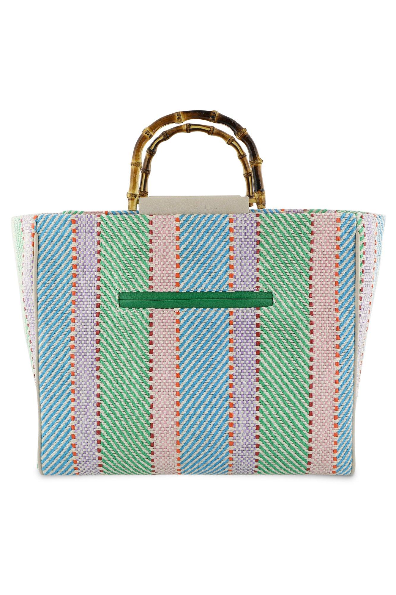 Gestreepte raffia shopper met bamboe handvaten - null - may