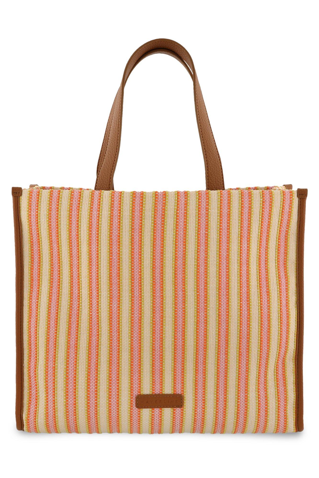 Gestreepte raffia shopper met hangtasje - may