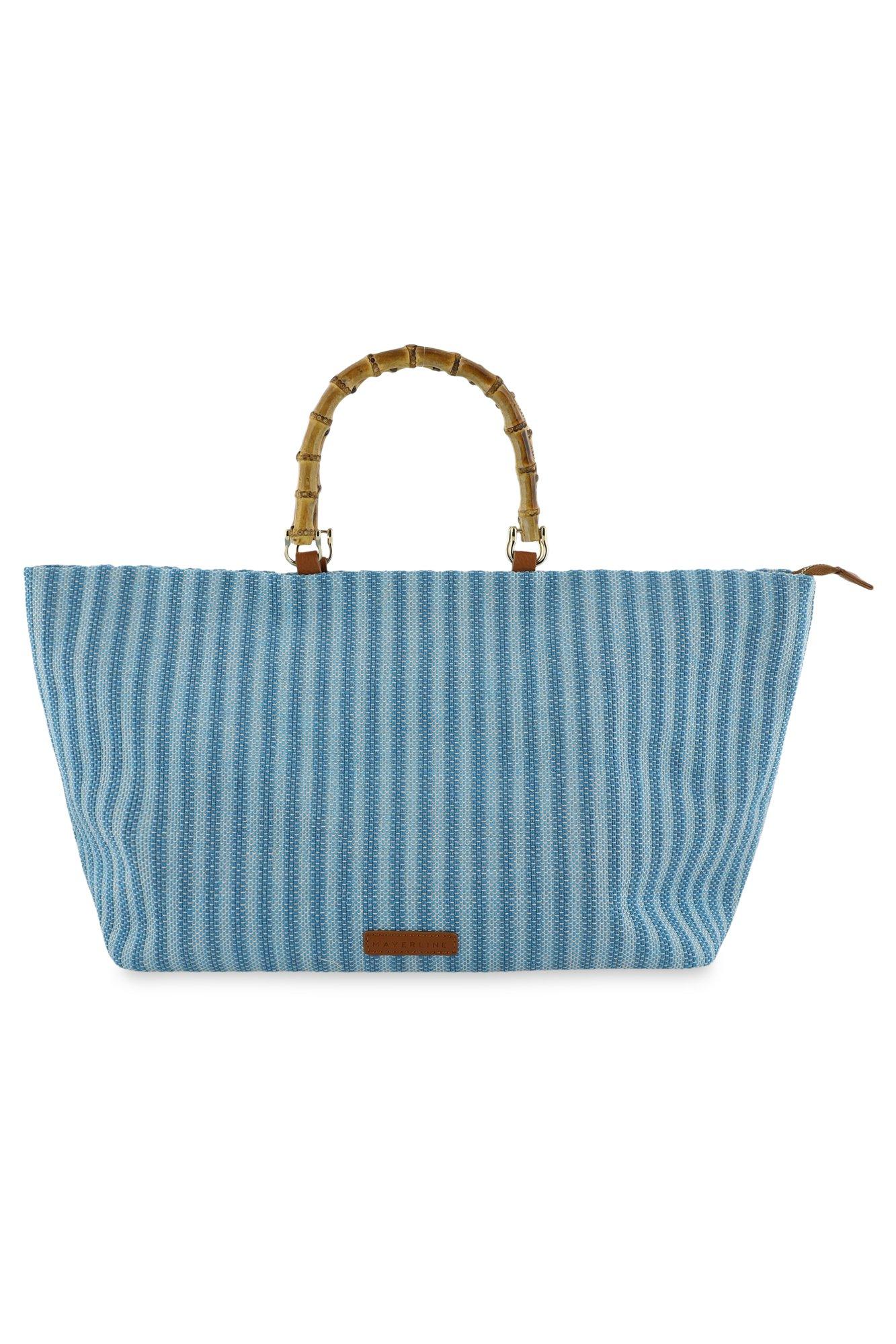 Gestreepte raffia shopper met bamboe handvaten - null - may