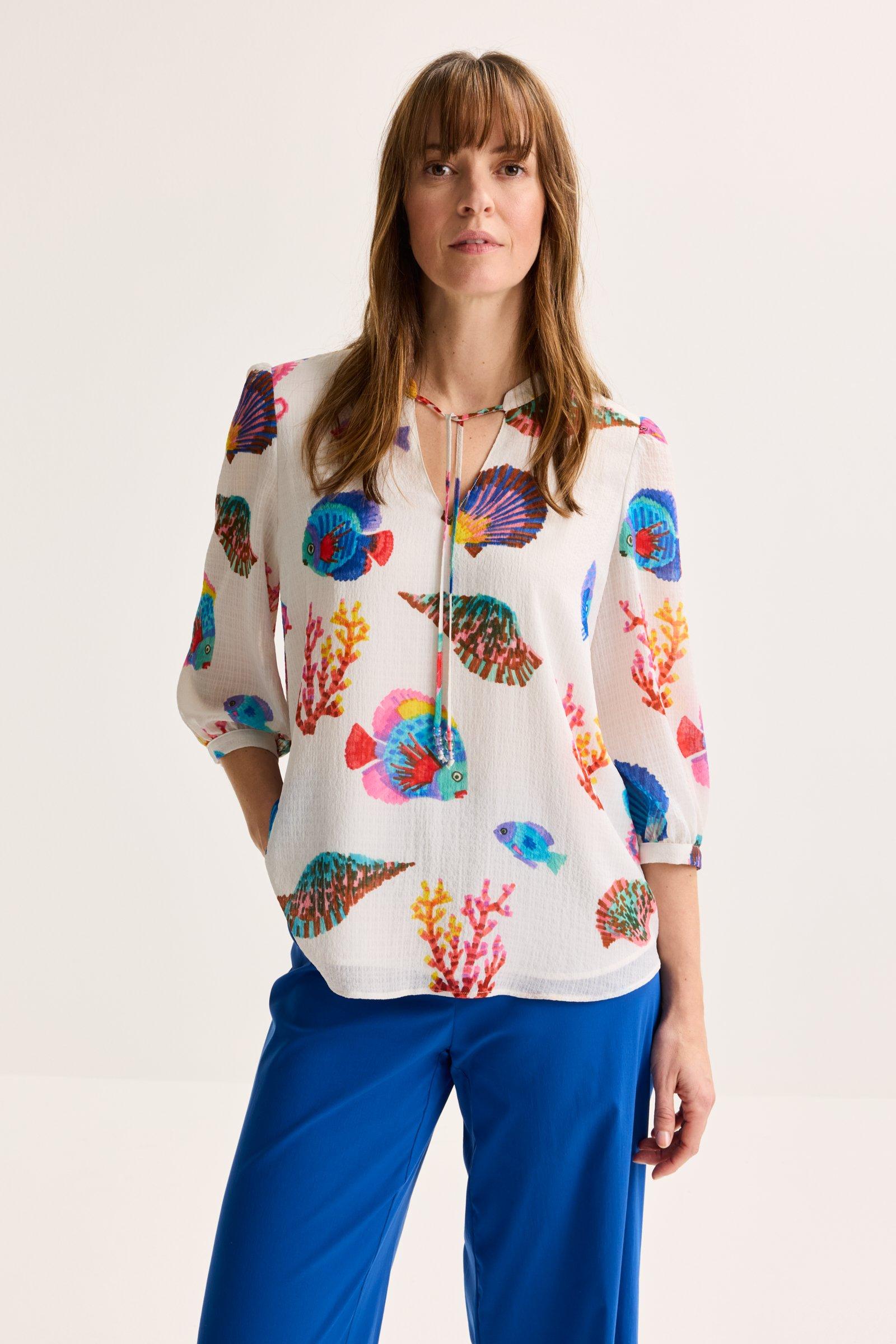 Mayerline Seersucker Blouse Met Vissenprint