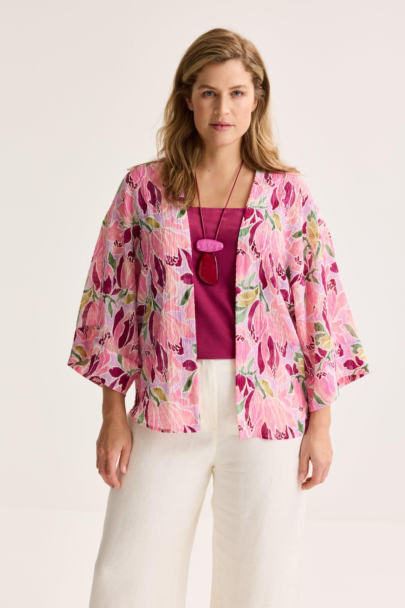 Korte kimono met bloemenprint