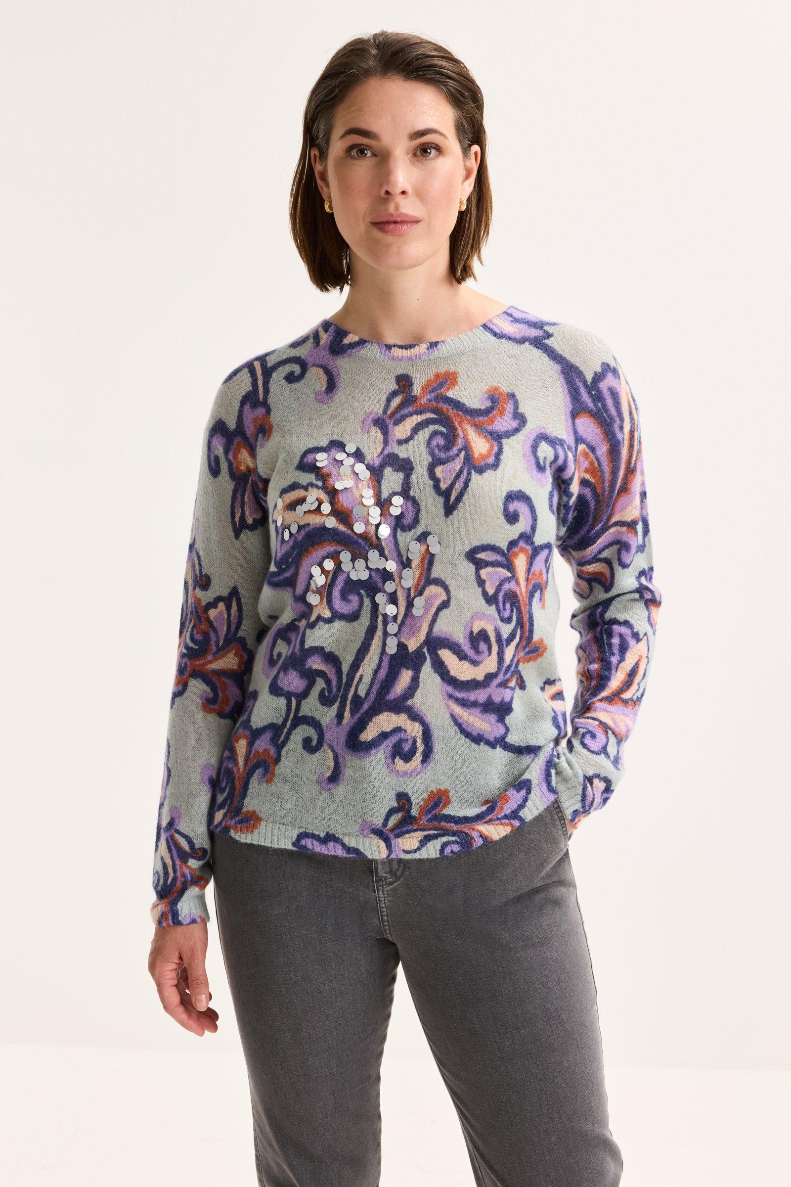 Mohairtrui met barokke print en ronde hals