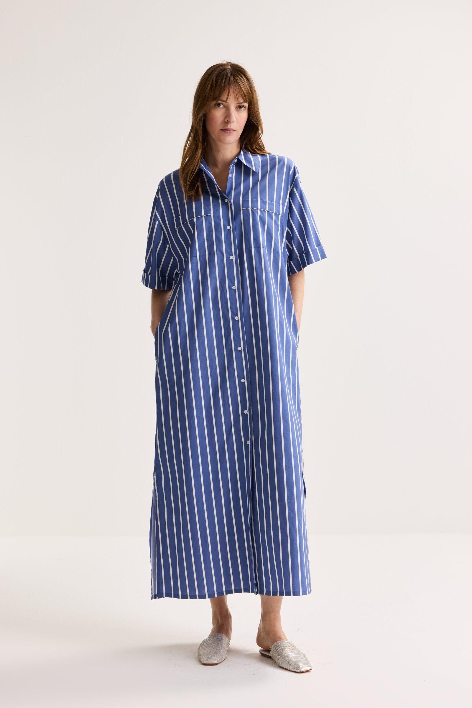 Robe Chemise Rayée BCBG Max Azria Kieley - Taille M, Bleu Vintage, 100% Coton, Neuve Avec étiquette