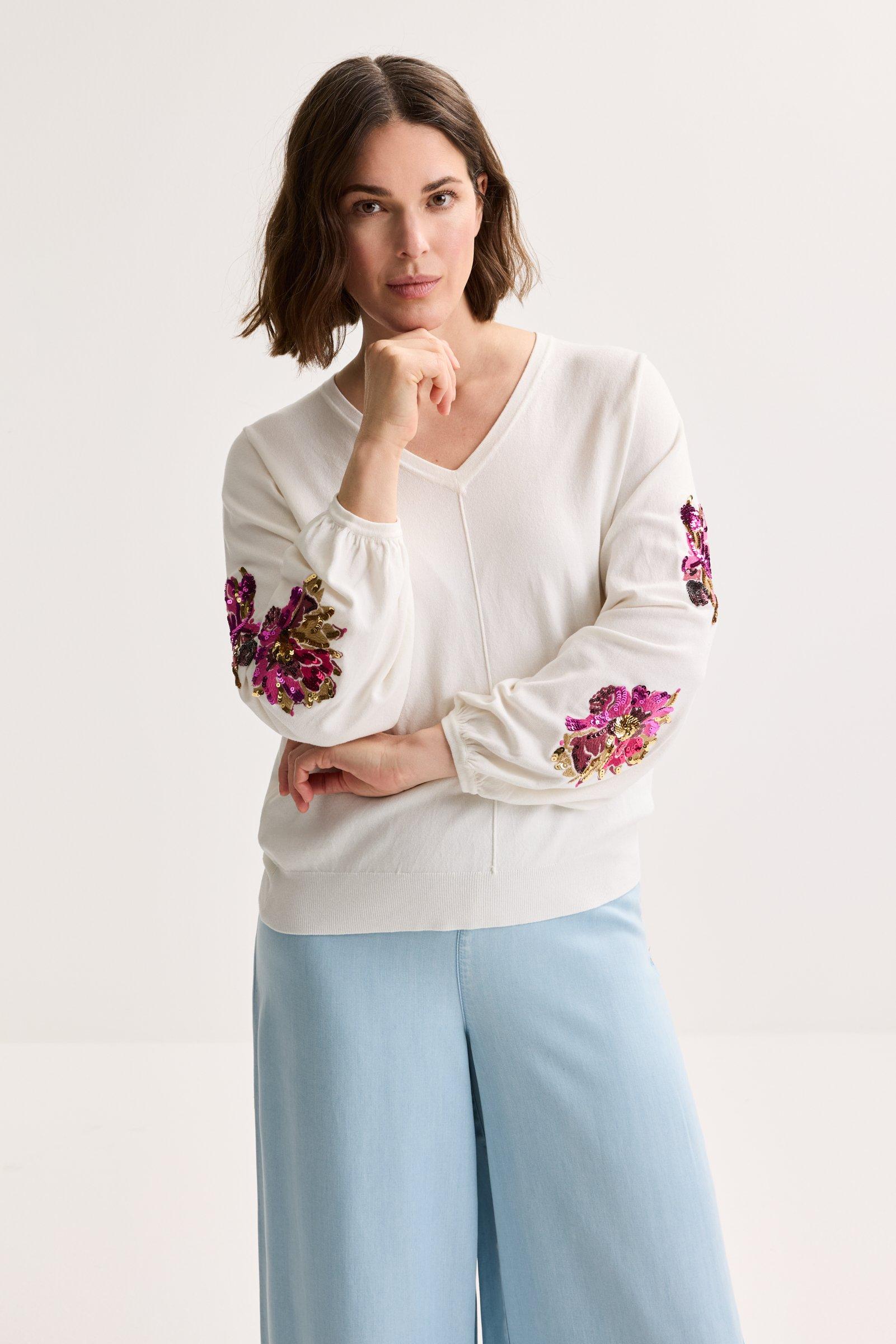 Pull à col en V manches brodées - null - may