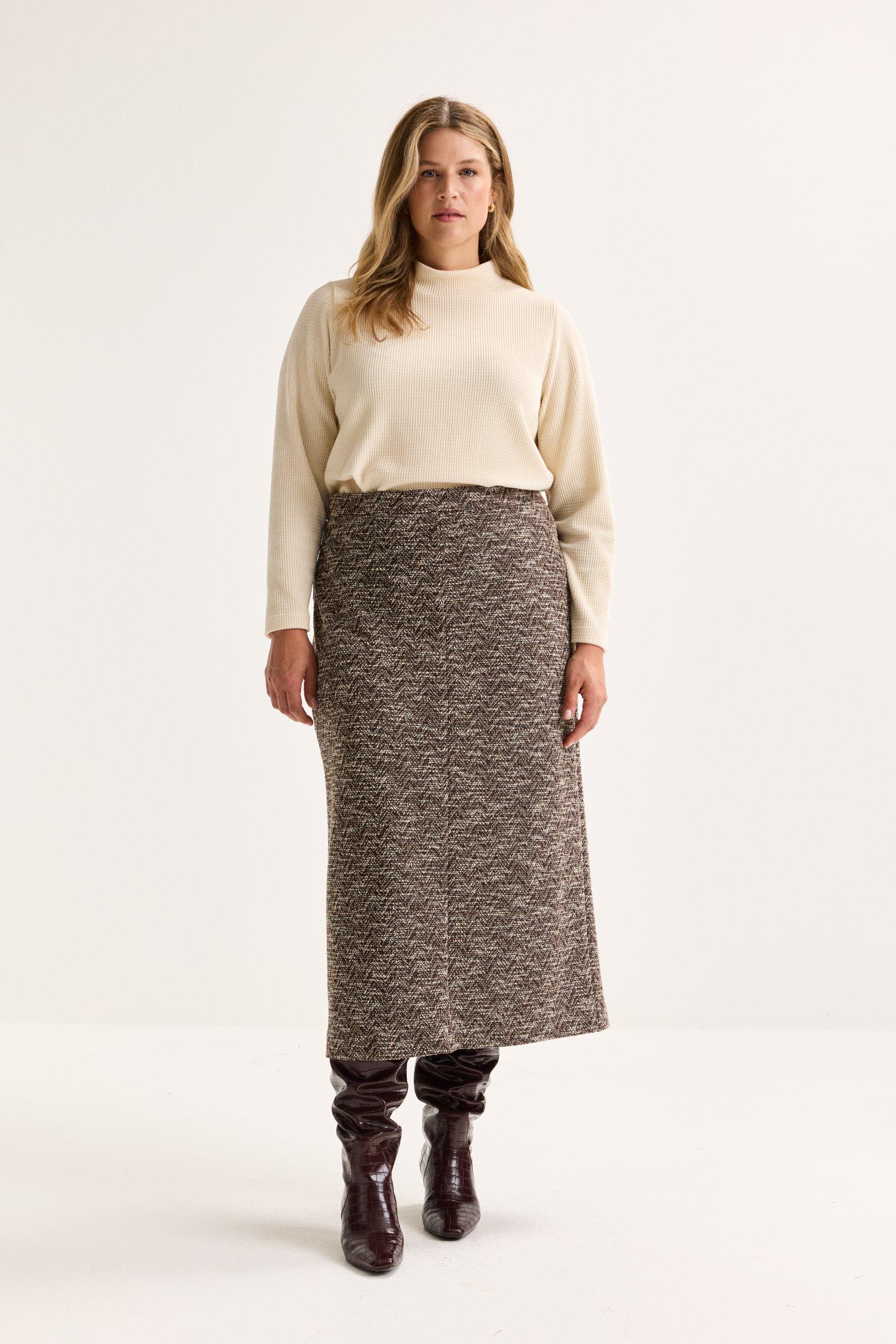 Enkellange kokerrok in jersey tweed