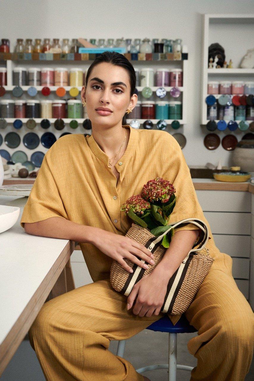 Longue tuniek en tissu crinkle