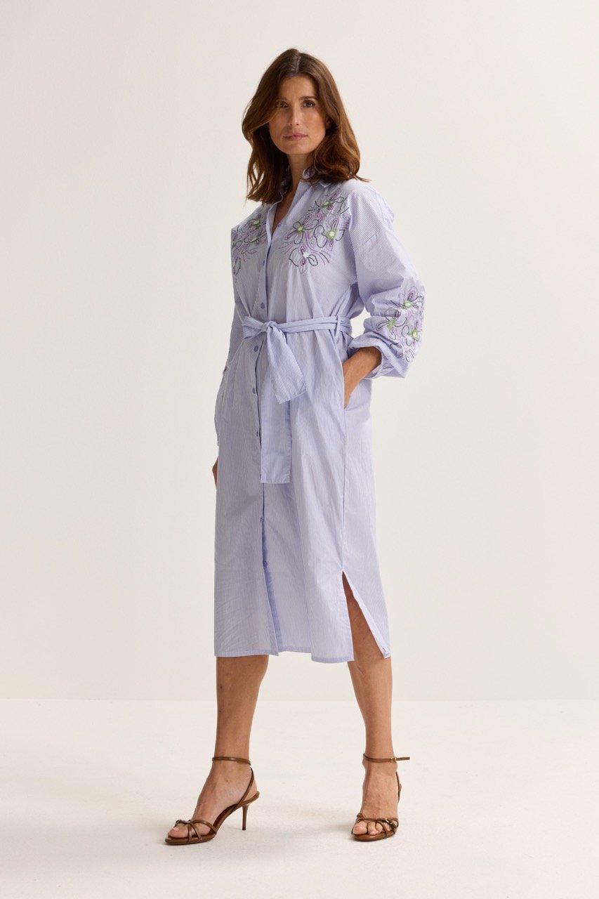 Robes - Robe chemise brod&eacute;e &agrave; rayures