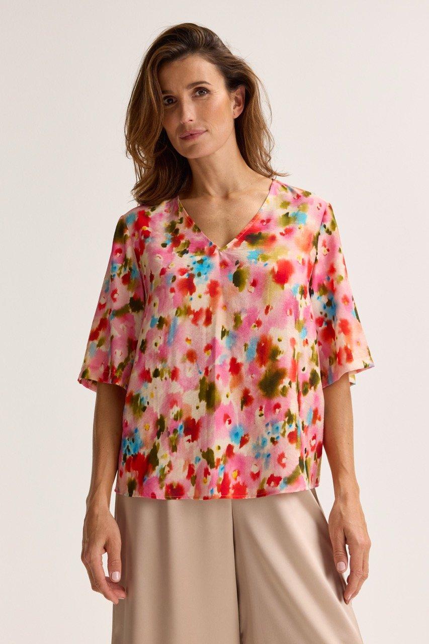 V-halsblouse met aquarelprint - may